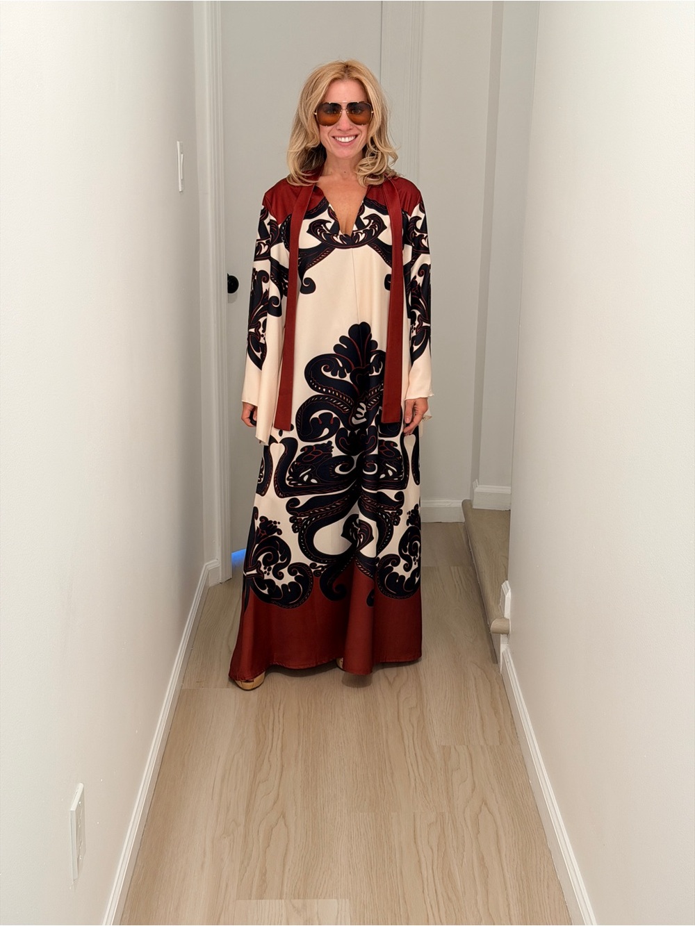Cream & Black Baroque Print Women's Dress with Red Accents